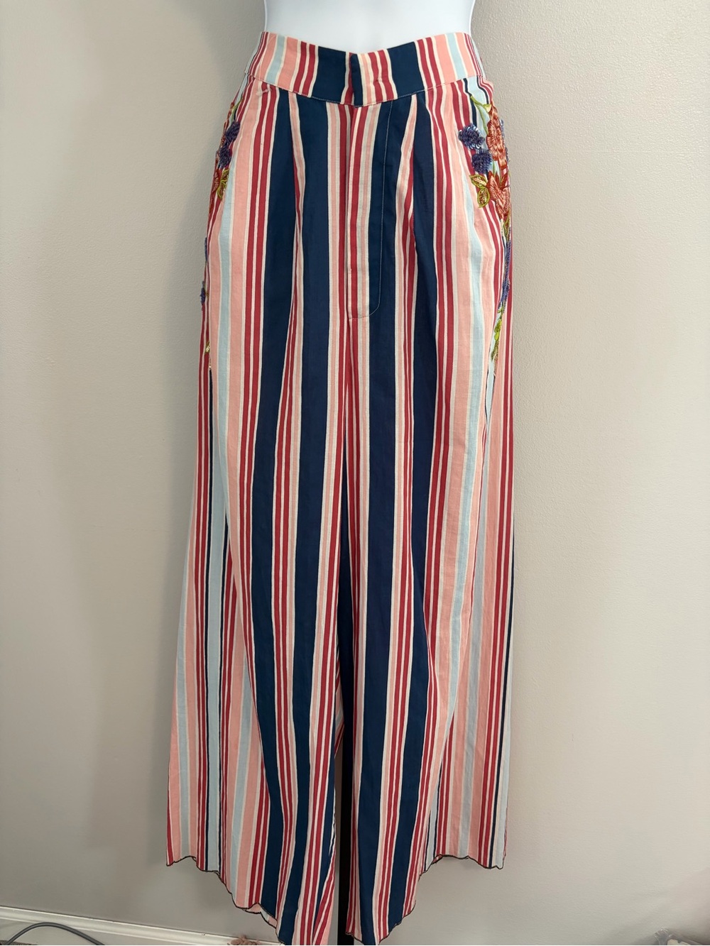 NWOT Aratta Silent Journey- Embroidered Pink & Navy Striped Wide-Leg Pants